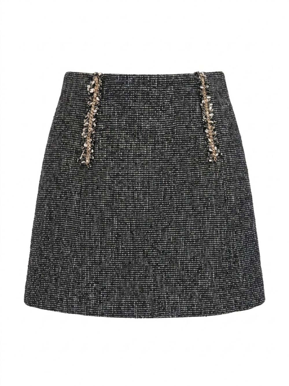 Sandro Black Tweed Mini Skirt with Gold Chain Detail